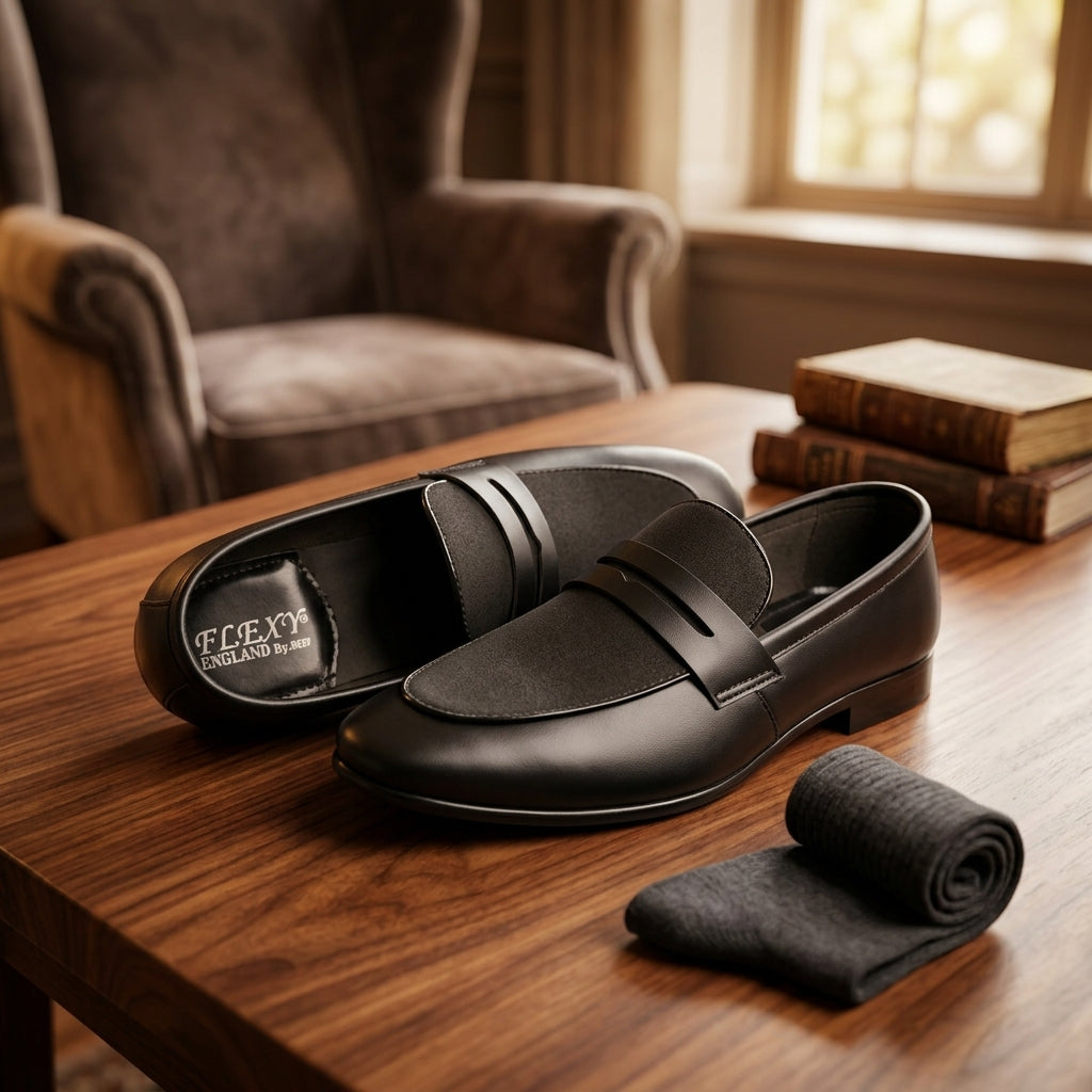 Black leather penny loafer pair clean studio shot white background