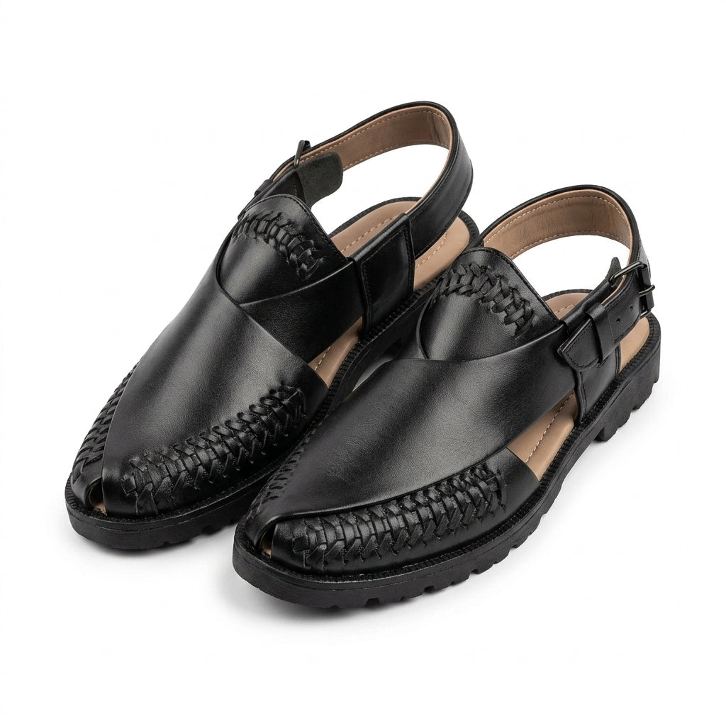 Black leather woven-trim Peshawari slingback chappal pair clean studio shot white background showing woven trim and chunky sole