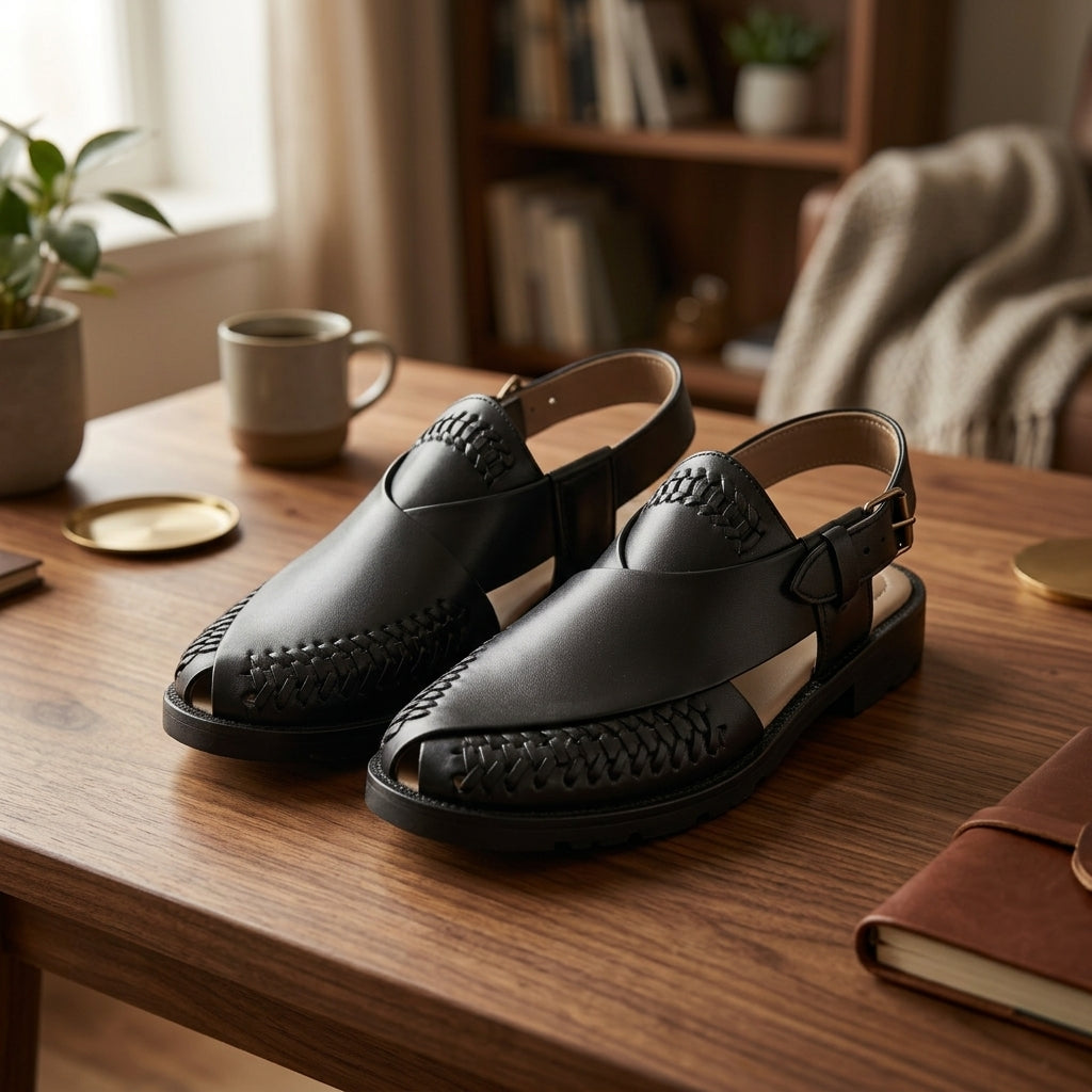 Black leather woven-trim Peshawari slingback chappal pair on wooden desk lifestyle shot with coffee mug and books