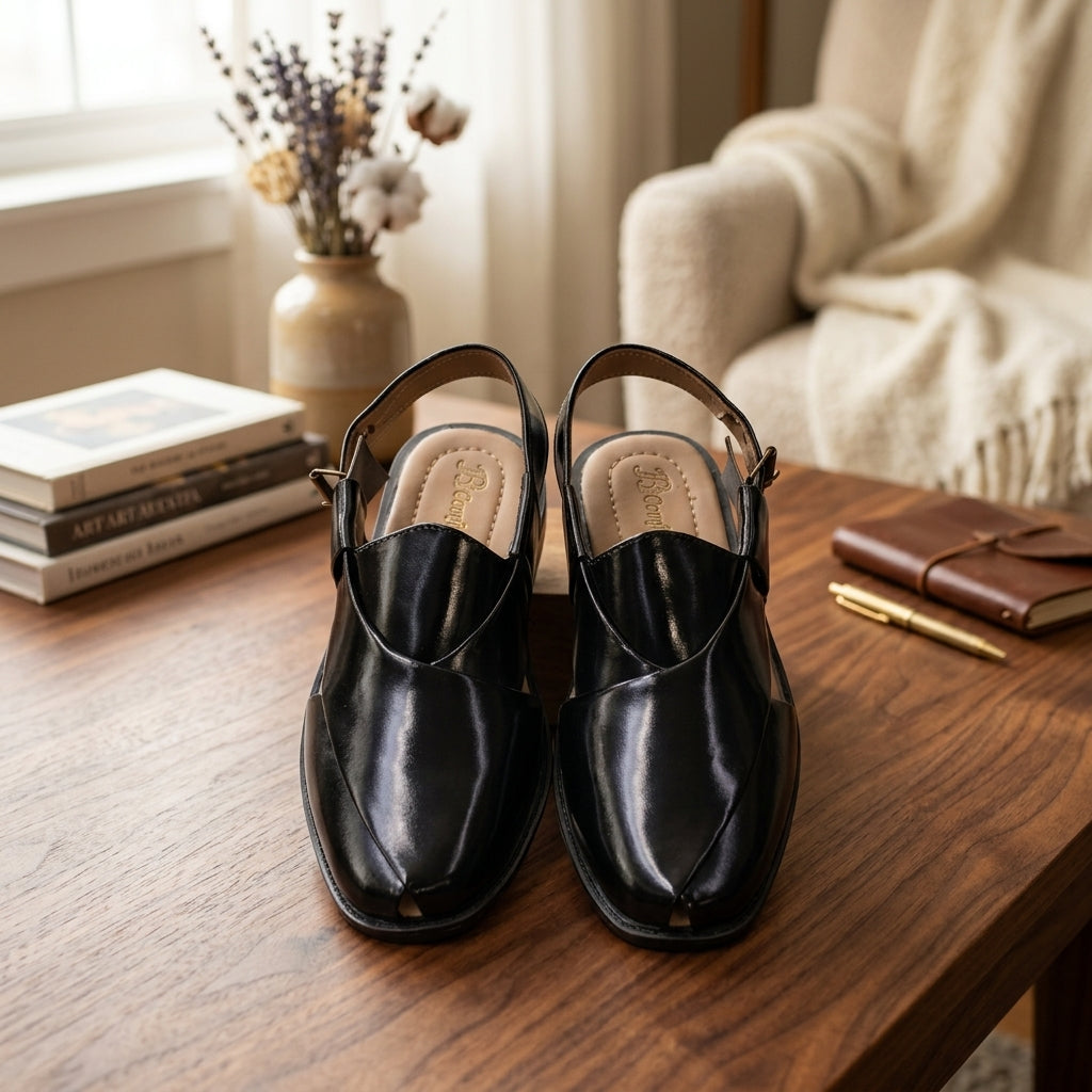 Black Patent Leather Kaptaan Peshawari Chappal – High-Gloss Slingback