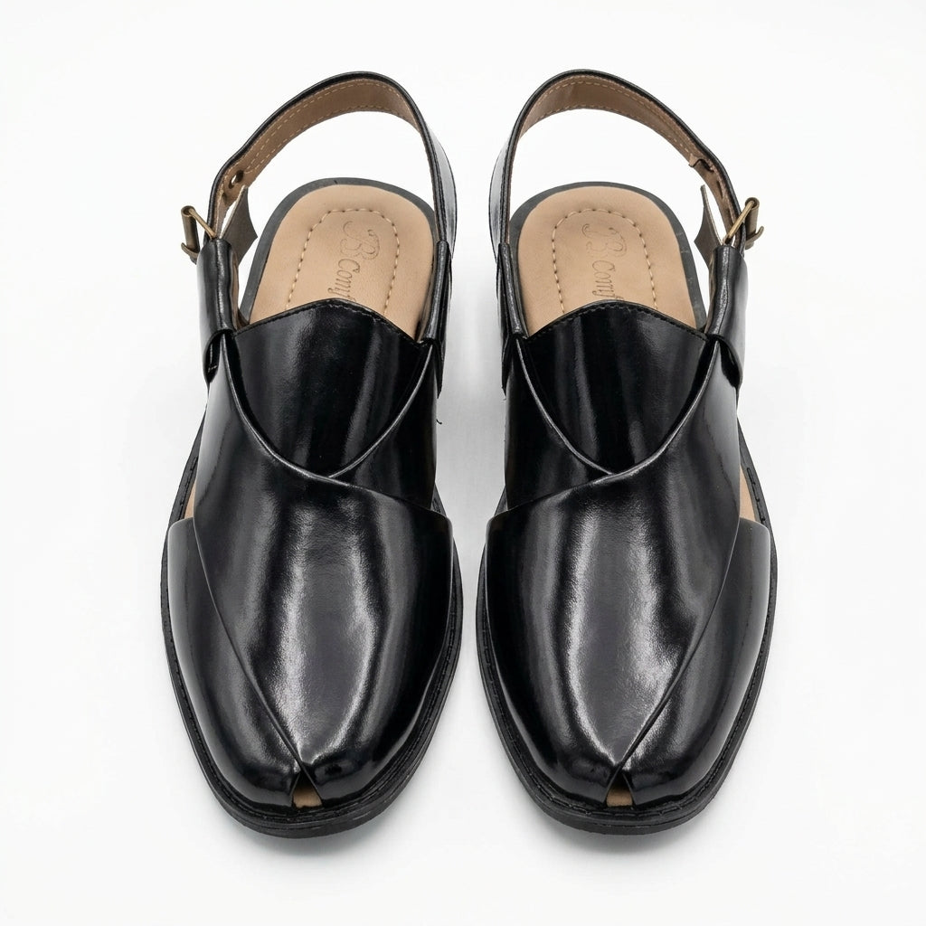 Black Patent Leather Kaptaan Peshawari Chappal – High-Gloss Slingback