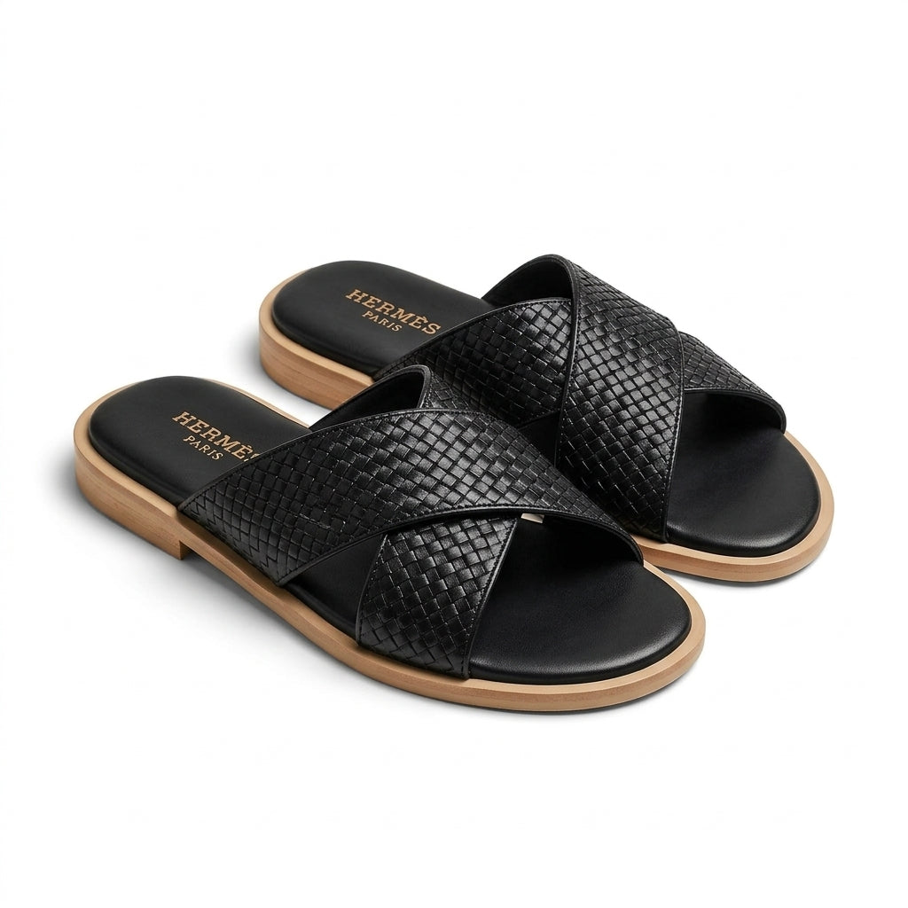 Black Woven Leather Toe-Ring Cross-Strap Slide Sandal – Men's Premium Slip-On