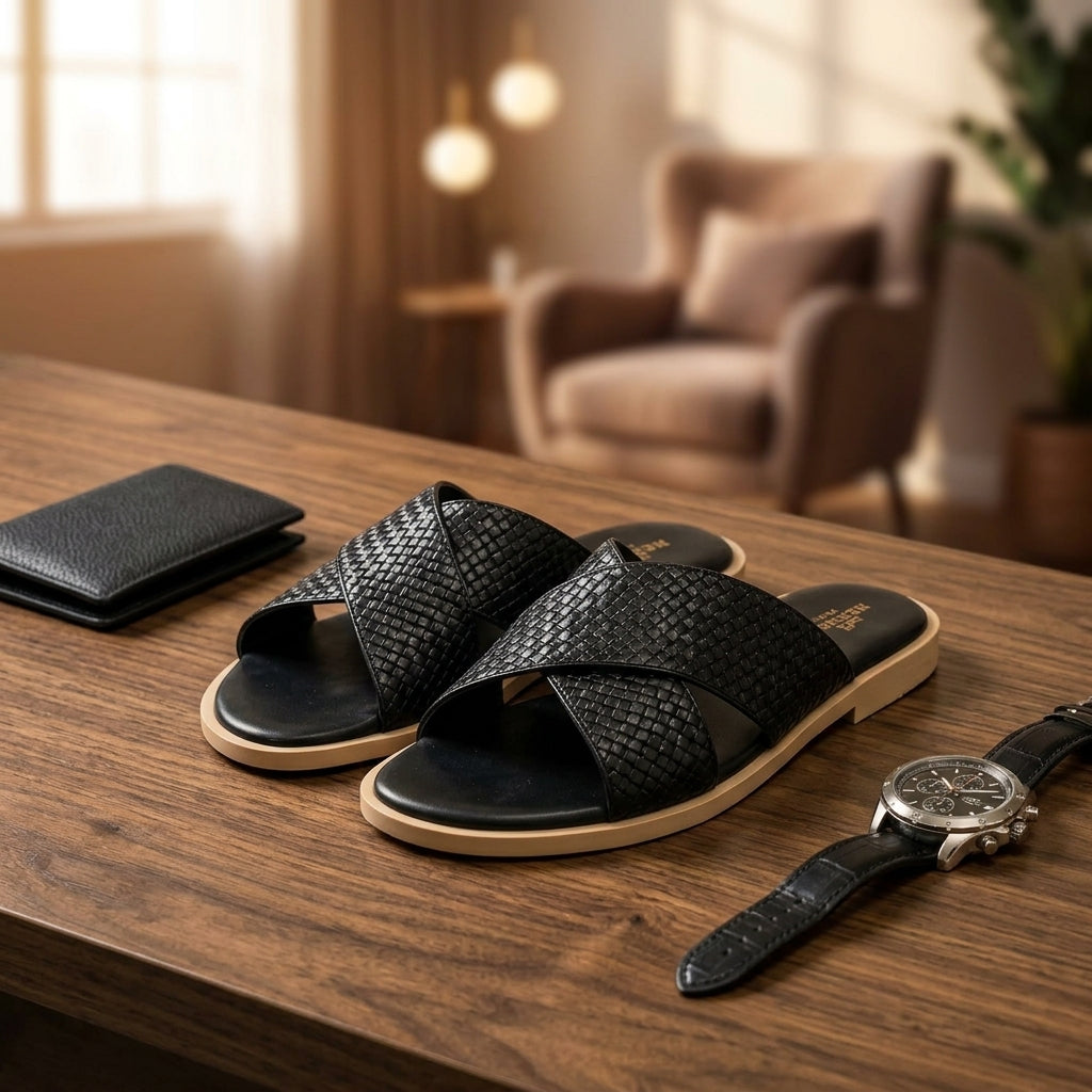 Black Woven Leather Toe-Ring Cross-Strap Slide Sandal – Men's Premium Slip-On