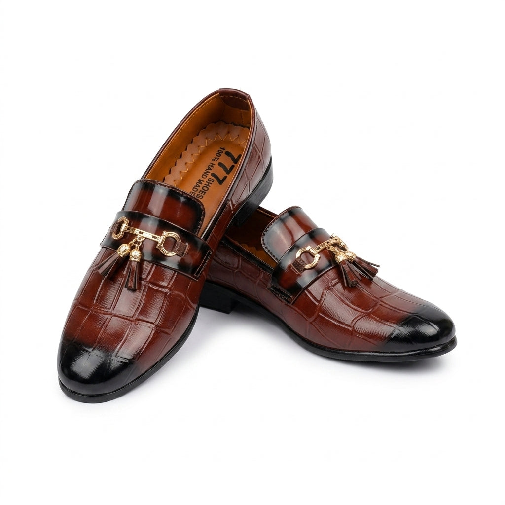 Brown croc-embossed tassel horsebit loafer pair clean studio shot white background showing gold chain horsebit and tassels