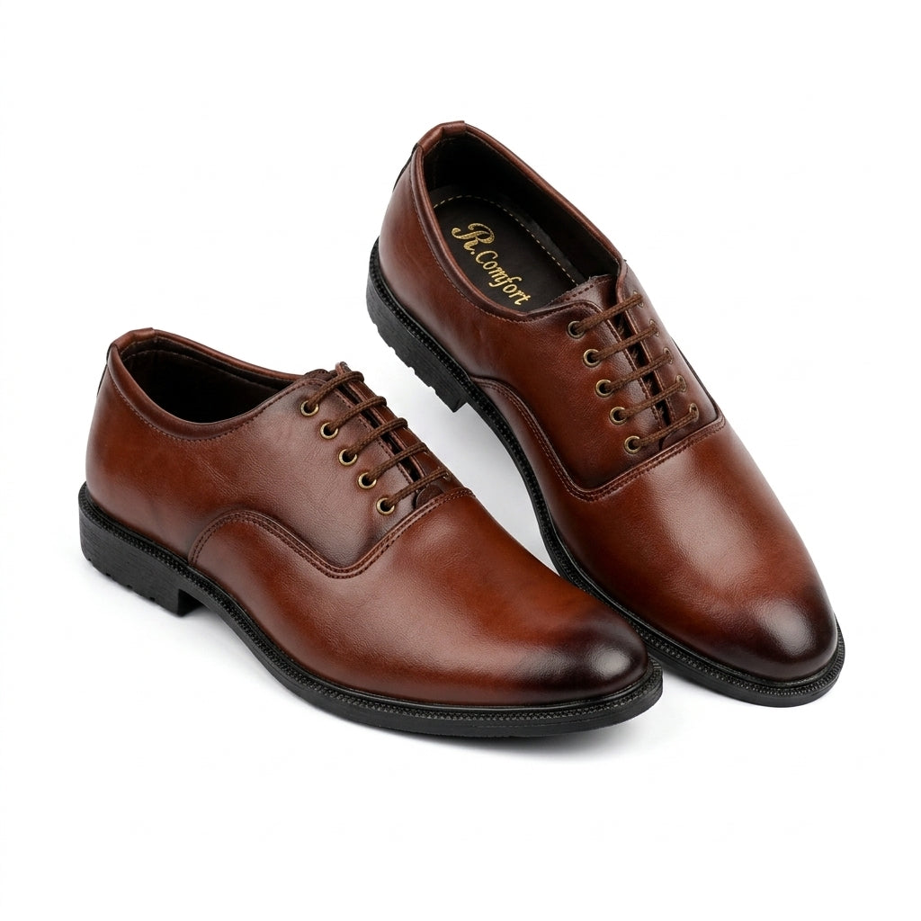 Brown leather plain-toe derby dress shoe pair clean studio shot white background showing brass eyelets
