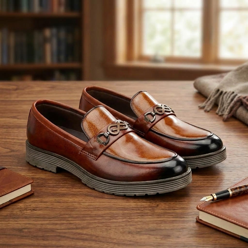 Tan burnished leather infinity-bit chunky loafer pair on wooden table lifestyle shot