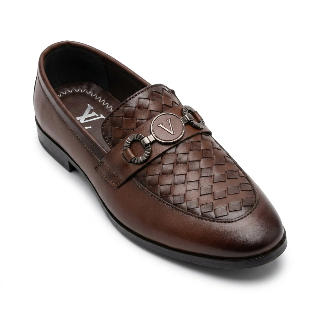 Dark brown woven leather V-medallion loafer clean studio shot white background