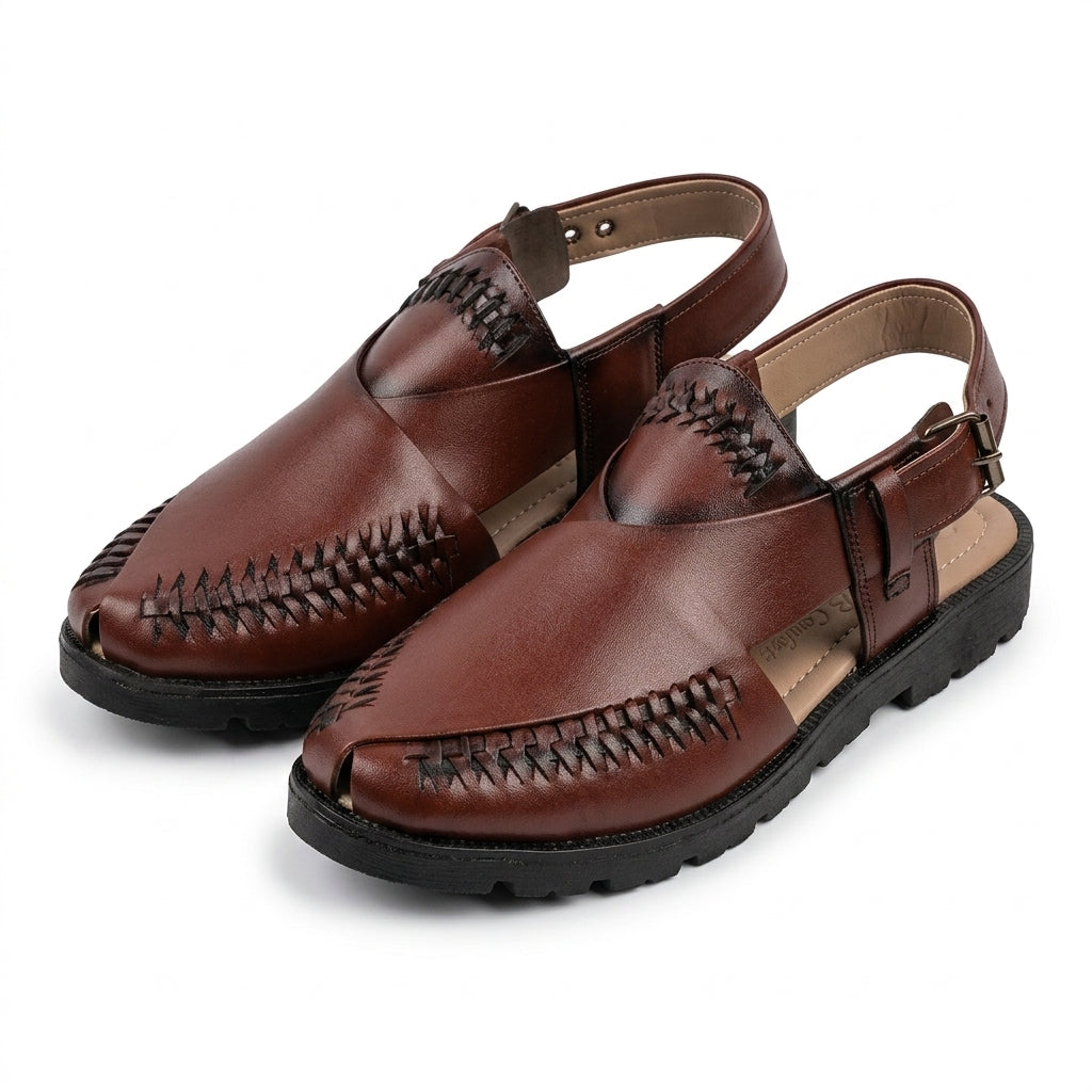 Brown Leather Nokra-Style Peshawari Chappal – Braided Seam Slingback