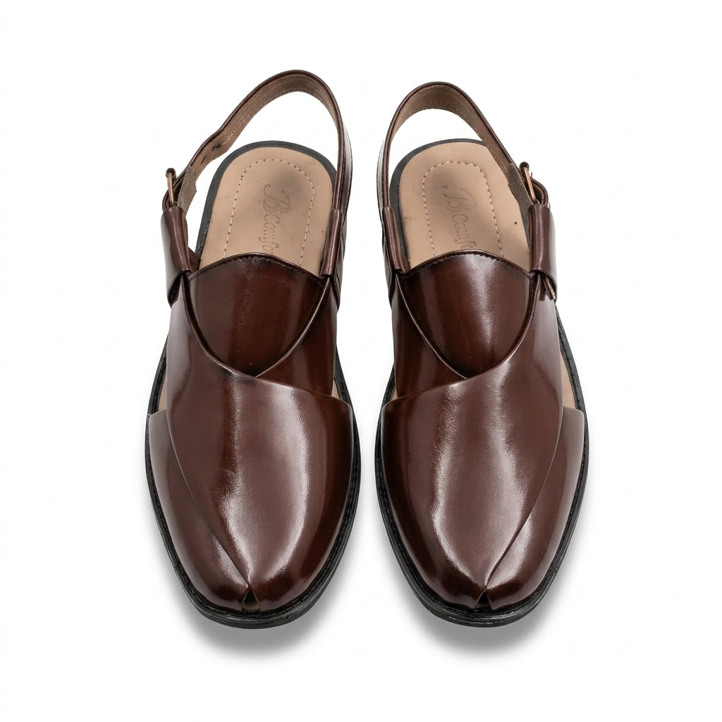 Dark chocolate Kaptaan chappal pair top-down studio shot showing mirror-shine vamp and tan insole