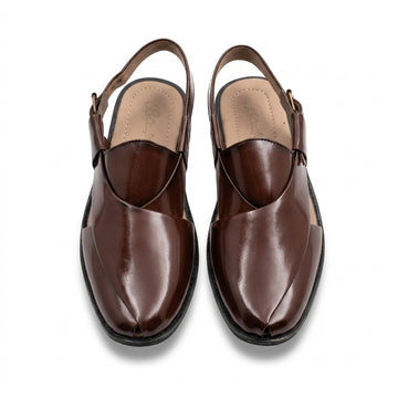 Dark chocolate Kaptaan chappal pair top-down studio shot showing mirror-shine vamp and tan insole