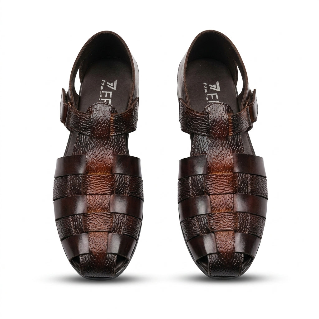 Dark brown woven leather fisherman slingback sandal pair top-down studio shot white background showing full woven cage upper and bark-embossed panels