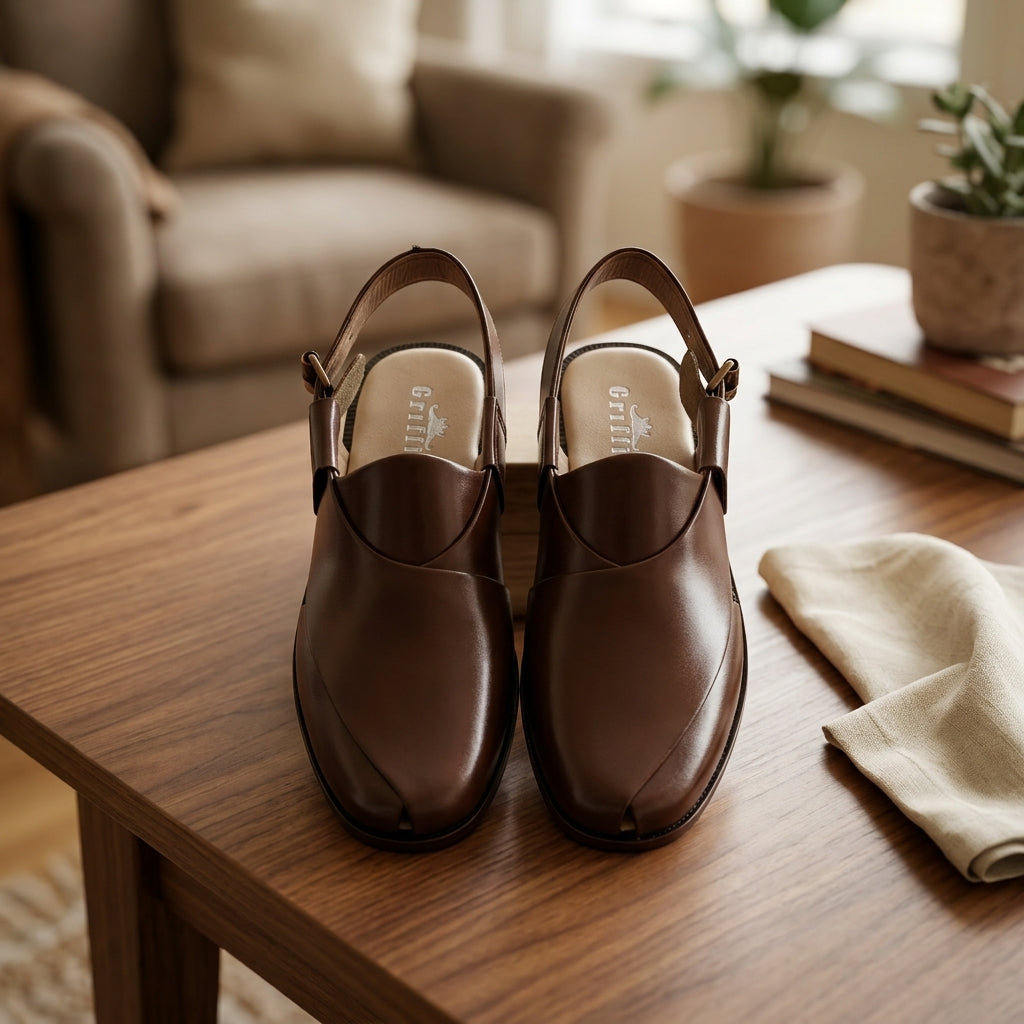 Brown leather plain-toe Peshawari slingback chappal pair on wooden table lifestyle shot with linen cloth and books