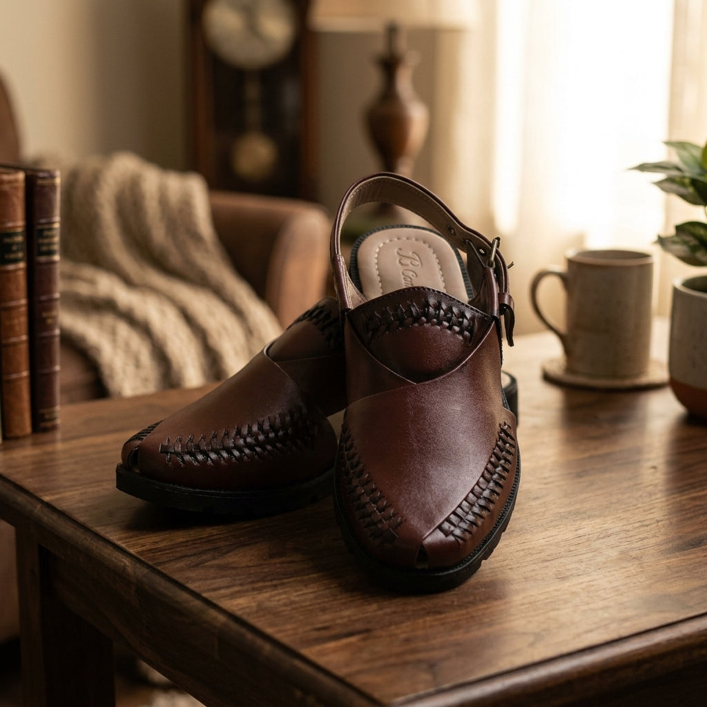 Brown Leather Nokra-Style Peshawari Chappal – Braided Seam Slingback