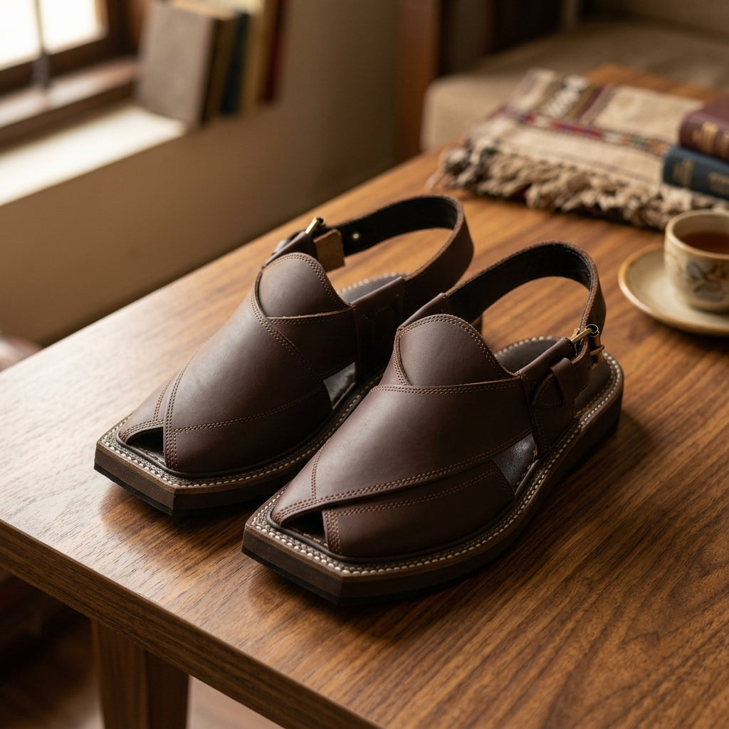 Dark brown cross-strap Kaptaan Peshawari chappal pair on wooden table lifestyle shot with cup of chai and kilim cloth