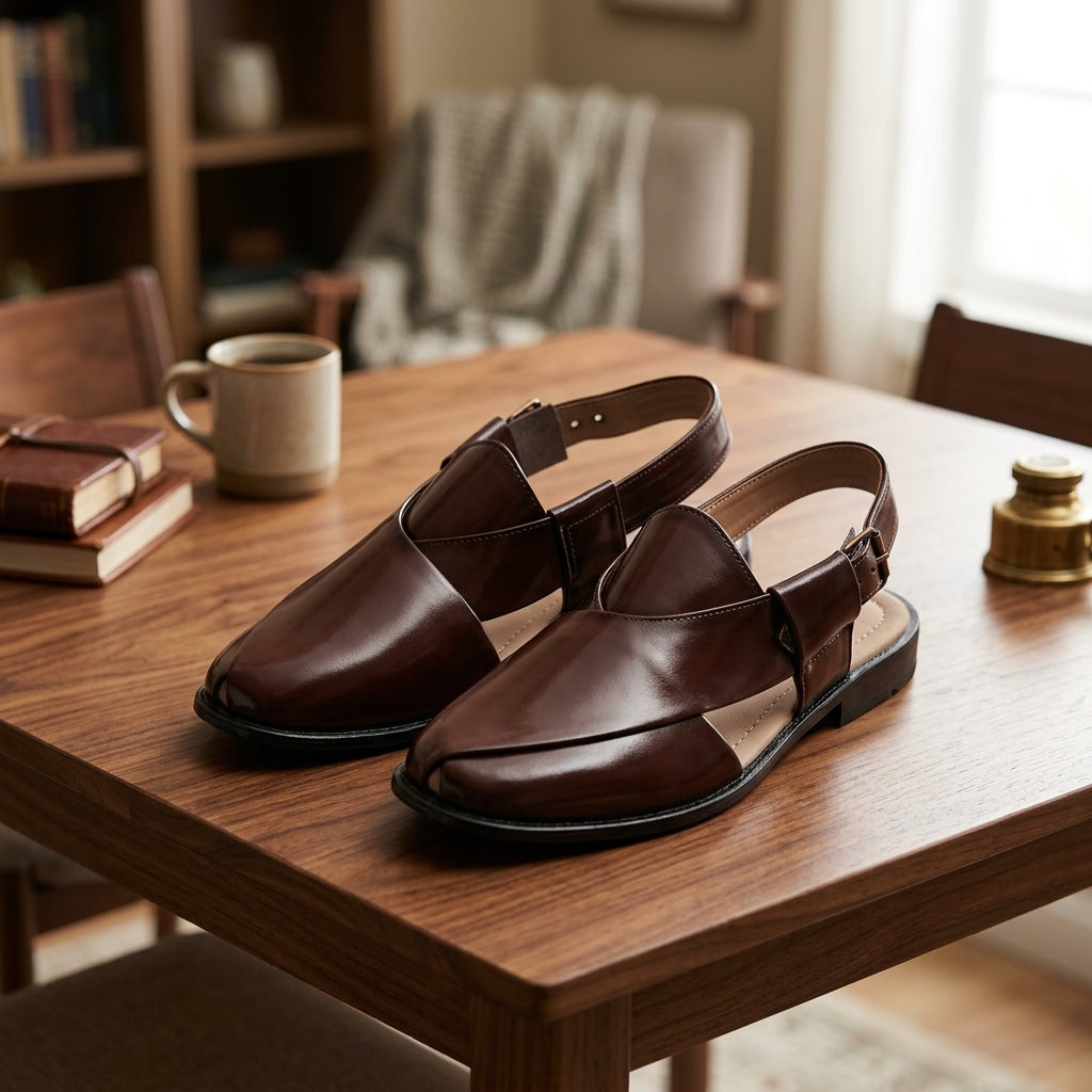 Dark chocolate Kaptaan chappal pair on wooden table with coffee mug and books