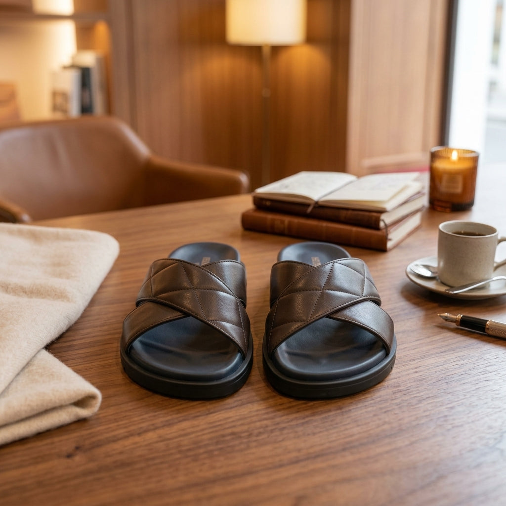 Men's Dark Brown Textured Cross-Strap Sandals