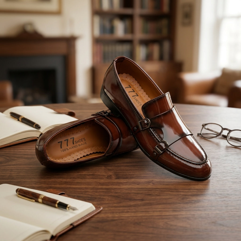 Brown patent leather double monk-strap loafer pair on wooden desk lifestyle shot with journal and glasses
