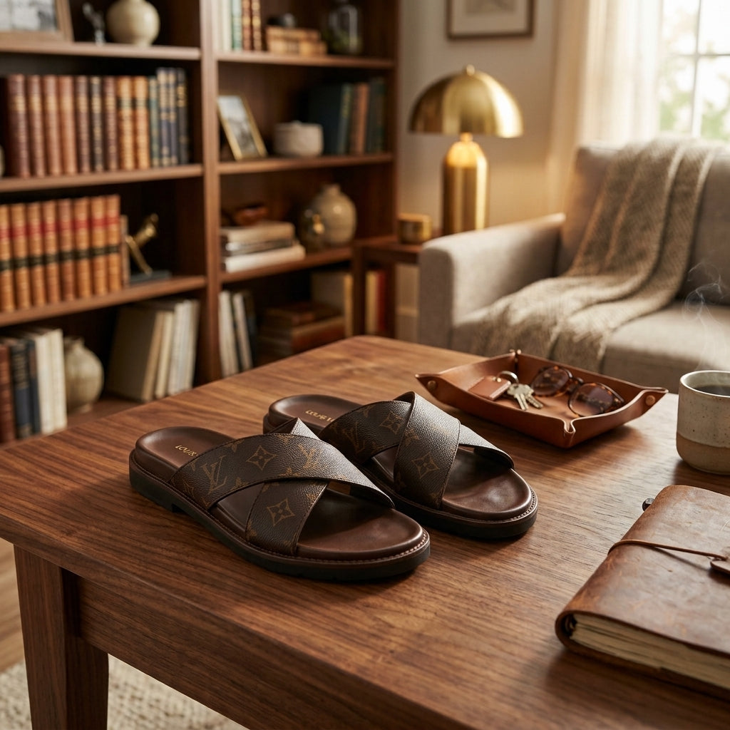 Men's Brown Leather-Look Slide Sandals
