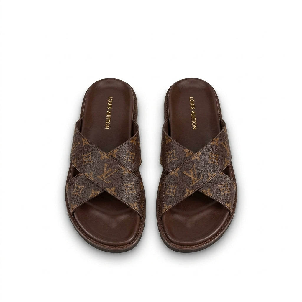 Men's Brown Leather-Look Slide Sandals