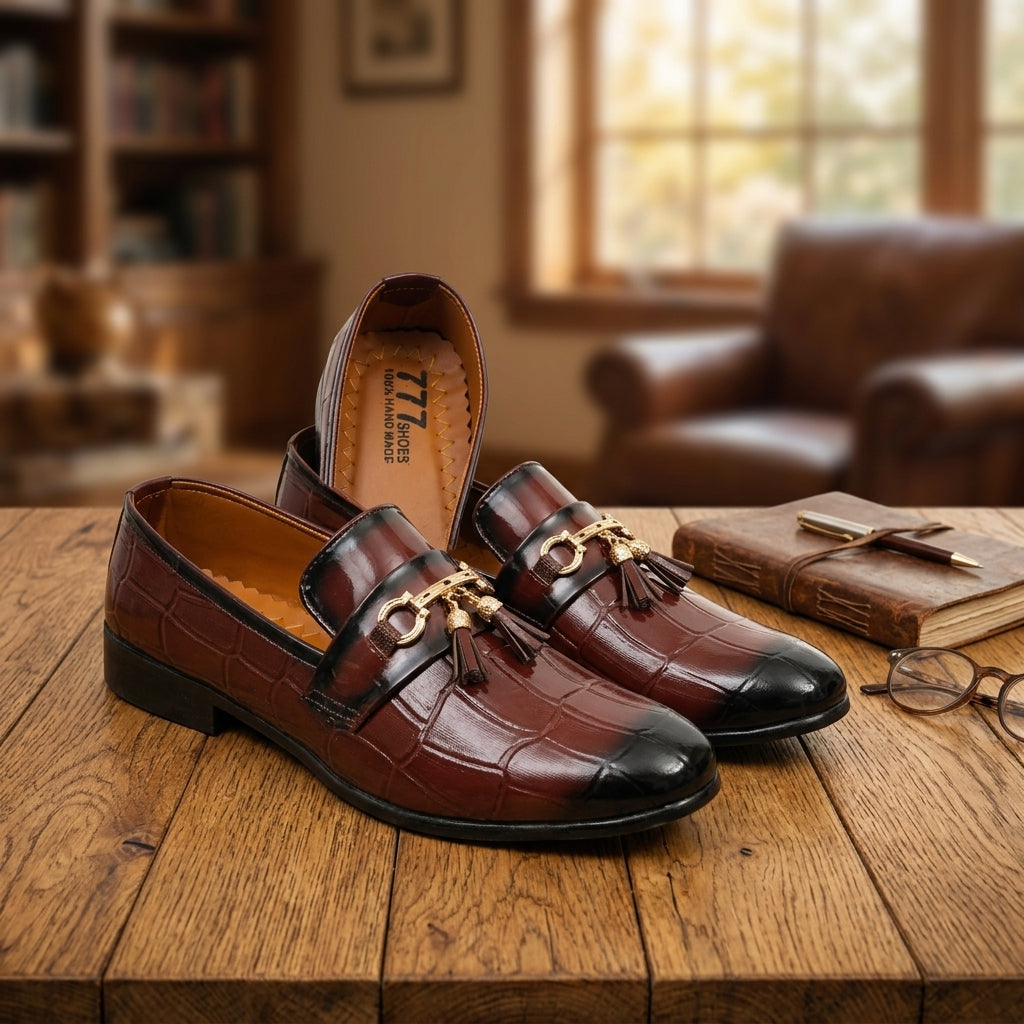 Brown croc-embossed tassel horsebit loafer pair on wooden table lifestyle shot with journal and glasses
