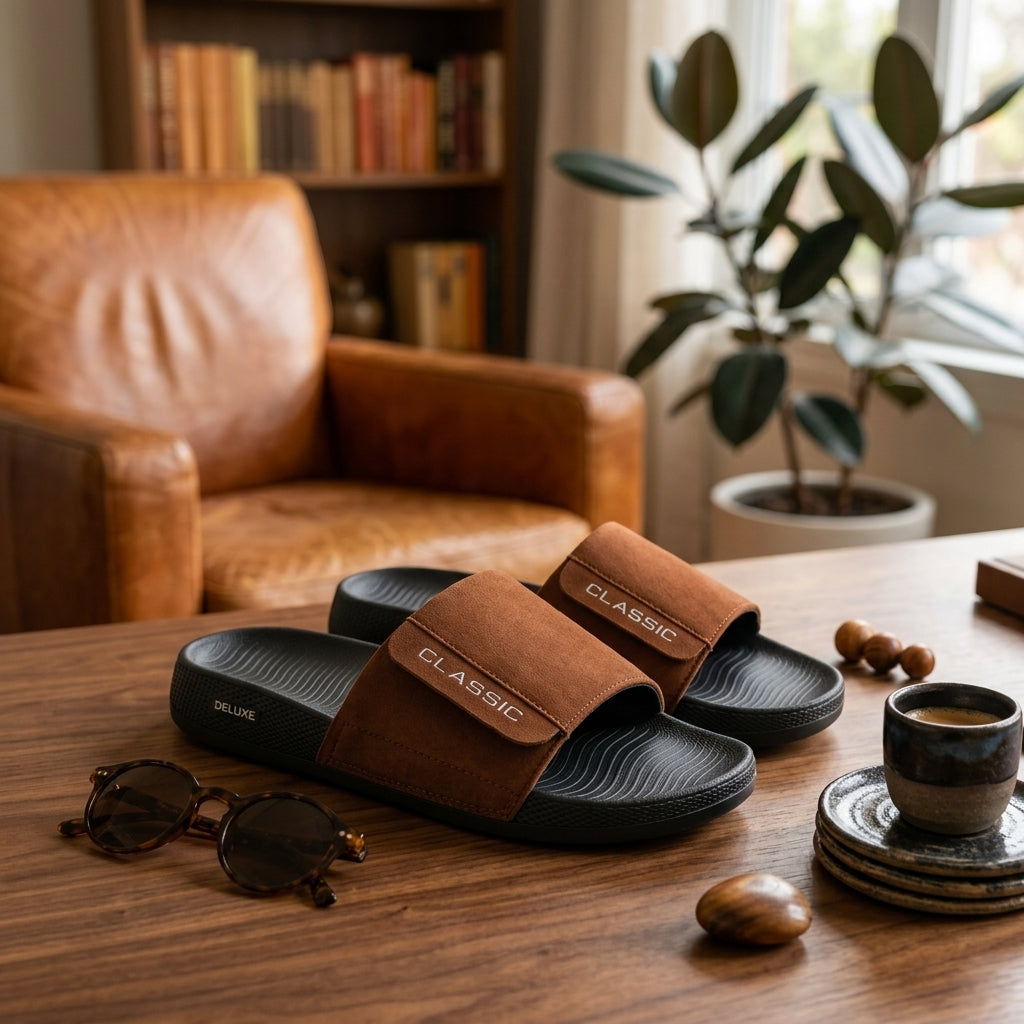 Person wearing brown classic slide sandals outdoors
