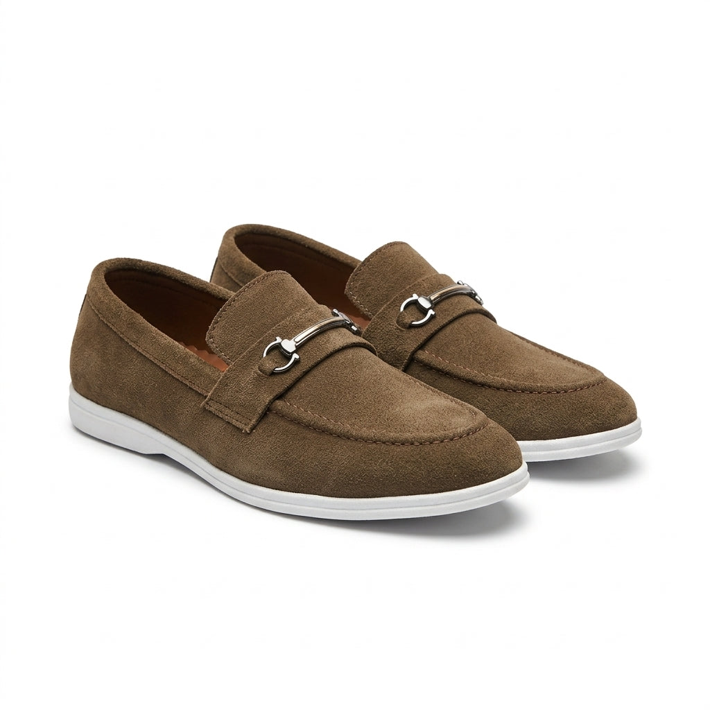 Olive khaki suede horsebit cupsole loafer pair studio shot white background showing gunmetal D-ring horsebit hardware moccasin stitching and white cupsole