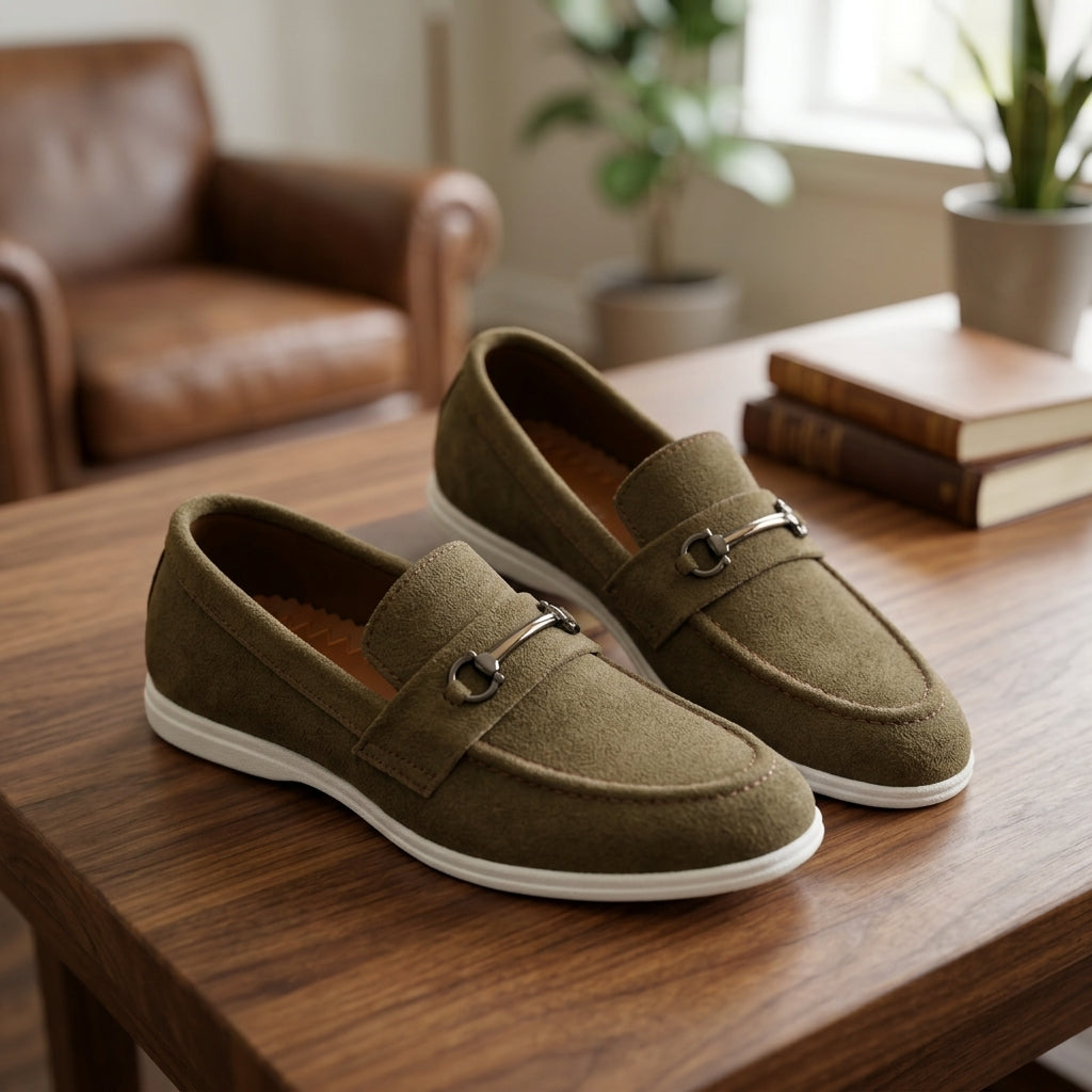 Olive khaki suede horsebit cupsole loafer pair on walnut coffee table warm living room setting with leather armchair and indoor plants