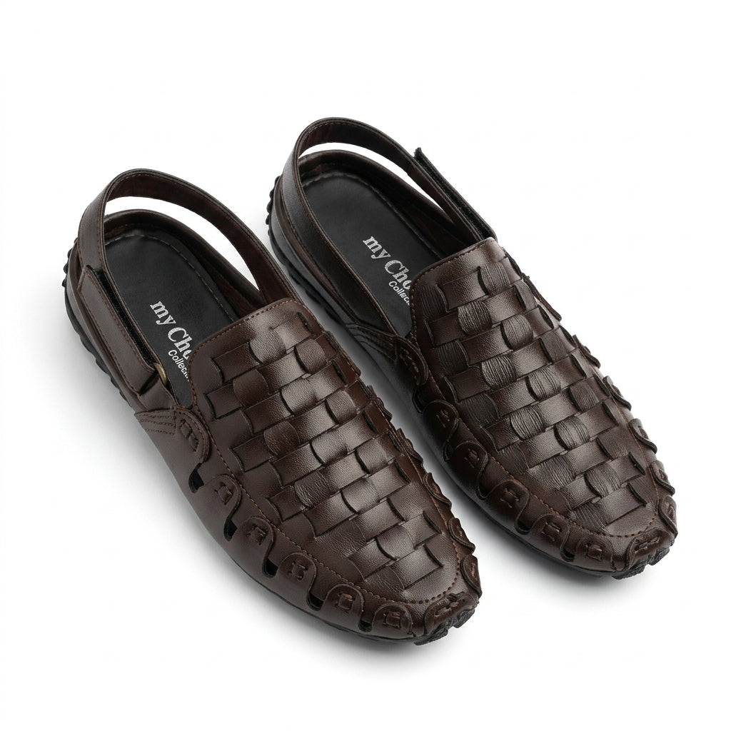 Dark brown full-woven leather slingback mule pair top-down studio shot white background showing full basket-weave upper and black insole