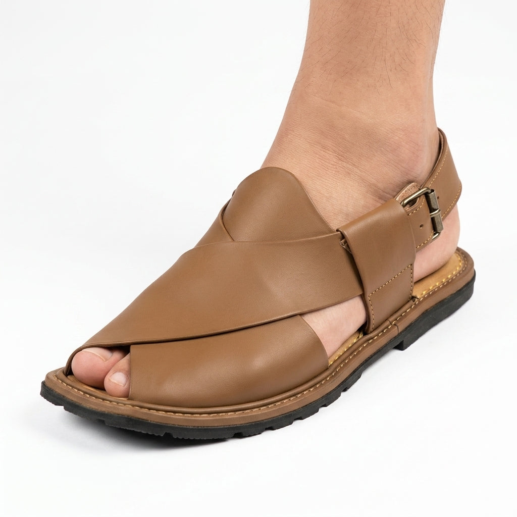 Tan leather Peshawari chappal sandal worn by man