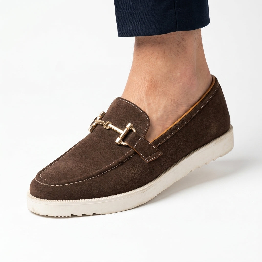 Brown suede casual loafer close-up view