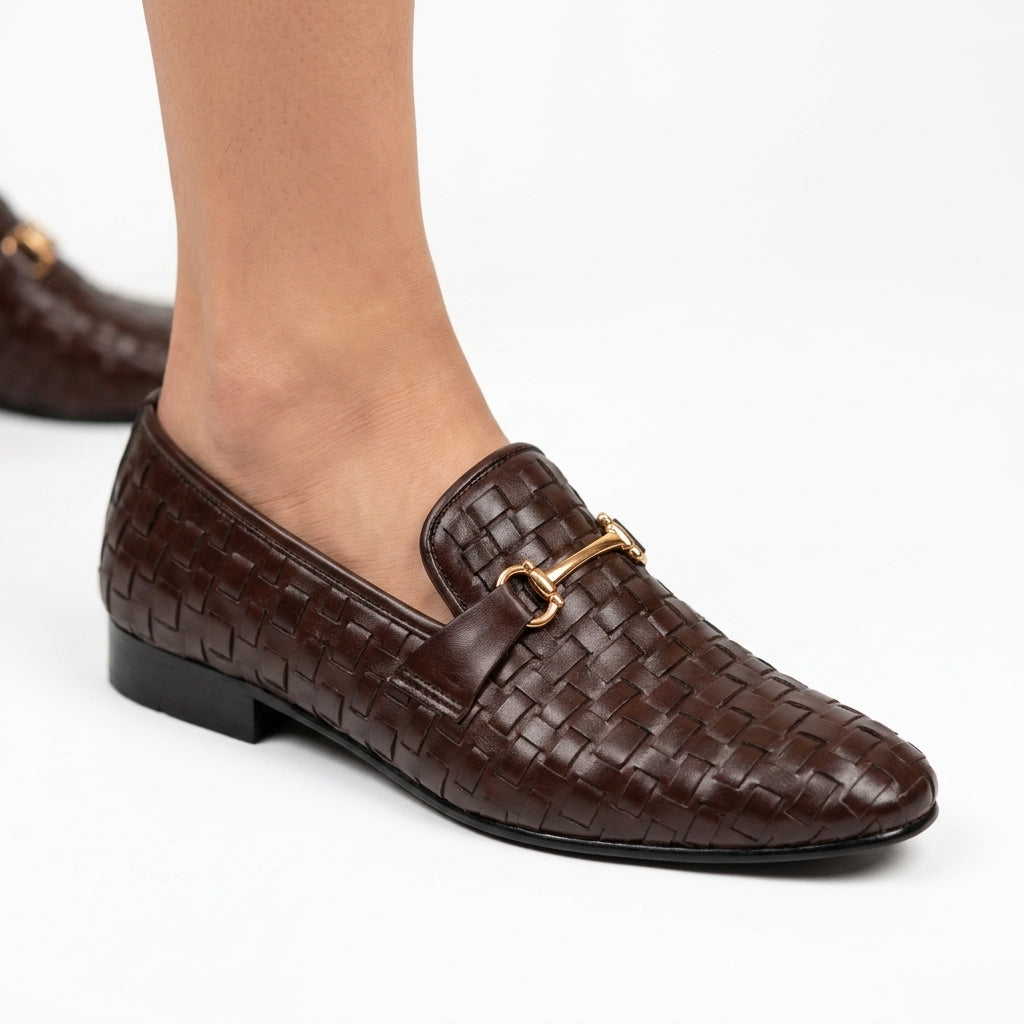Dark brown woven leather horsebit loafer with gold hardware