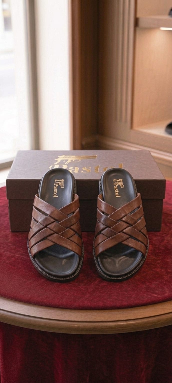 Cognac woven leather cross-strap slide sandal pair top-down on crimson velvet table showing full multi-strand woven cross-strap pattern and black cushioned footbed with Pastol box behind
