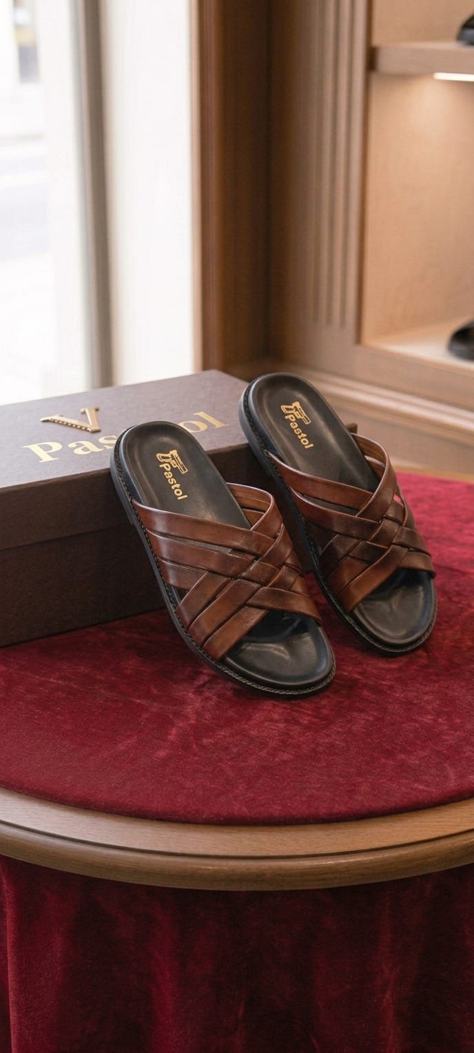 Cognac woven leather cross-strap slide sandal pair angled on crimson velvet display table with Pastol matte brown gift box in background warm boutique interior