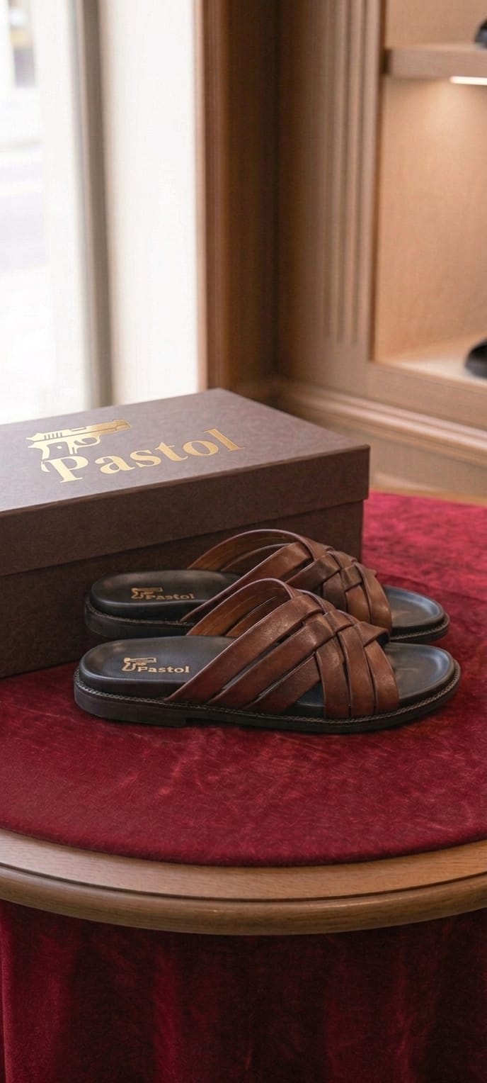 Cognac woven leather cross-strap slide sandal pair angled on crimson velvet display table with Pastol matte brown gift box in background warm boutique interior