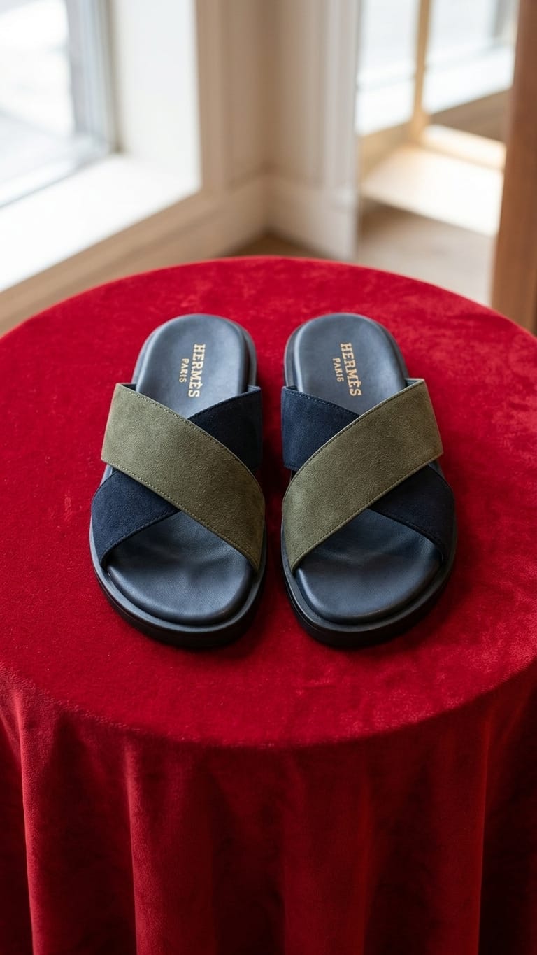Navy & Tan Two-Tone Cross-Band Leather Slide Sandal – Men's Premium Slip-On