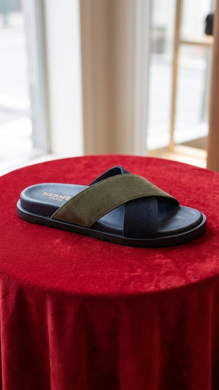Navy & Tan Two-Tone Cross-Band Leather Slide Sandal – Men's Premium Slip-On