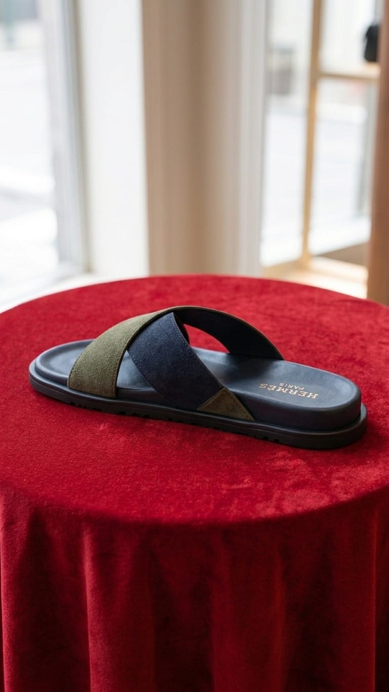 Navy & Tan Two-Tone Cross-Band Leather Slide Sandal – Men's Premium Slip-On