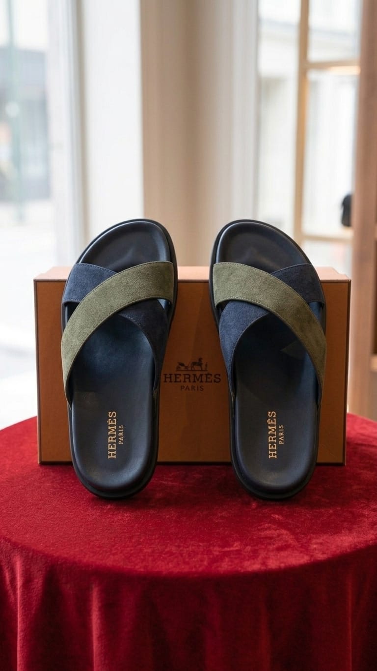 Navy & Tan Two-Tone Cross-Band Leather Slide Sandal – Men's Premium Slip-On
