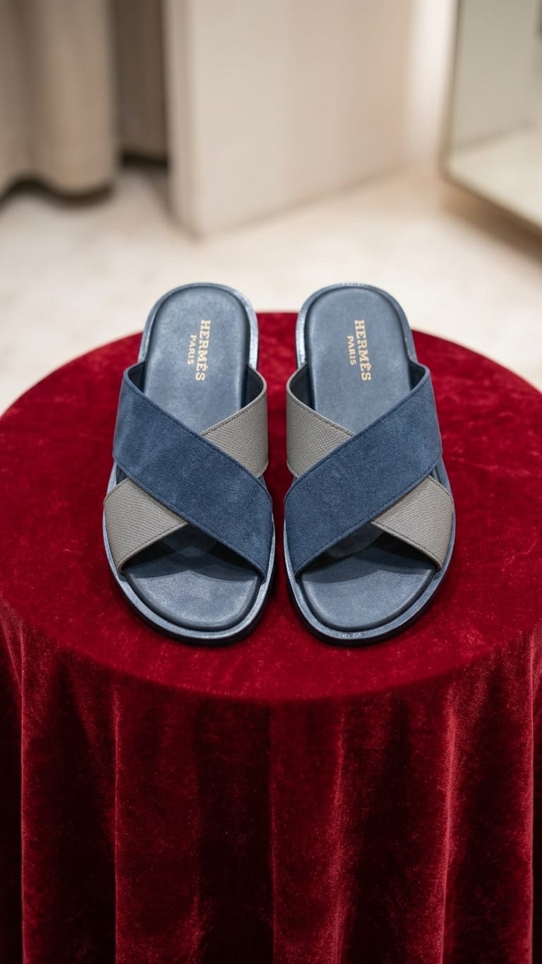 Navy & Tan Two-Tone Cross-Band Leather Slide Sandal – Men's Premium Slip-On
