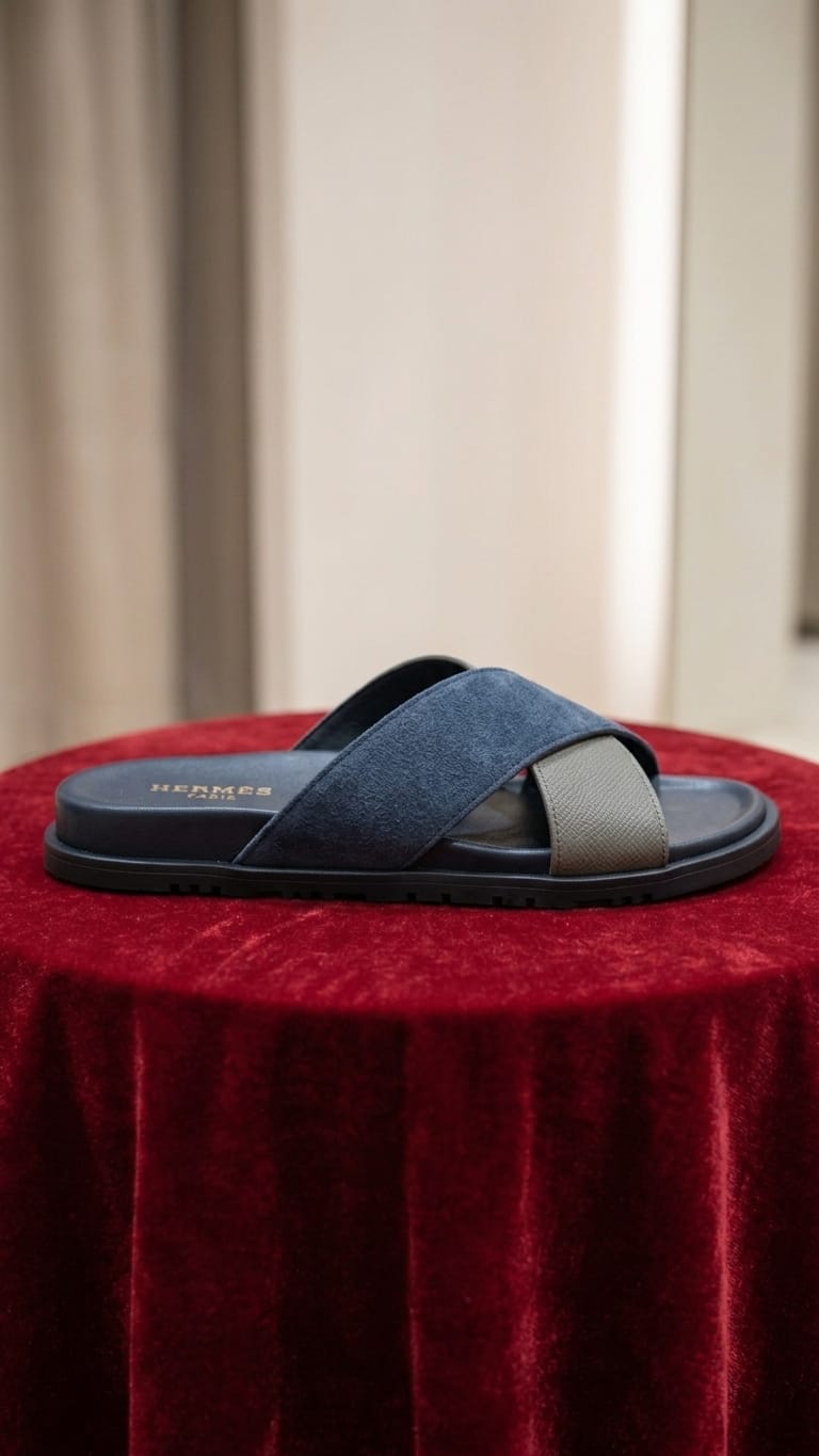 Navy & Tan Two-Tone Cross-Band Leather Slide Sandal – Men's Premium Slip-On