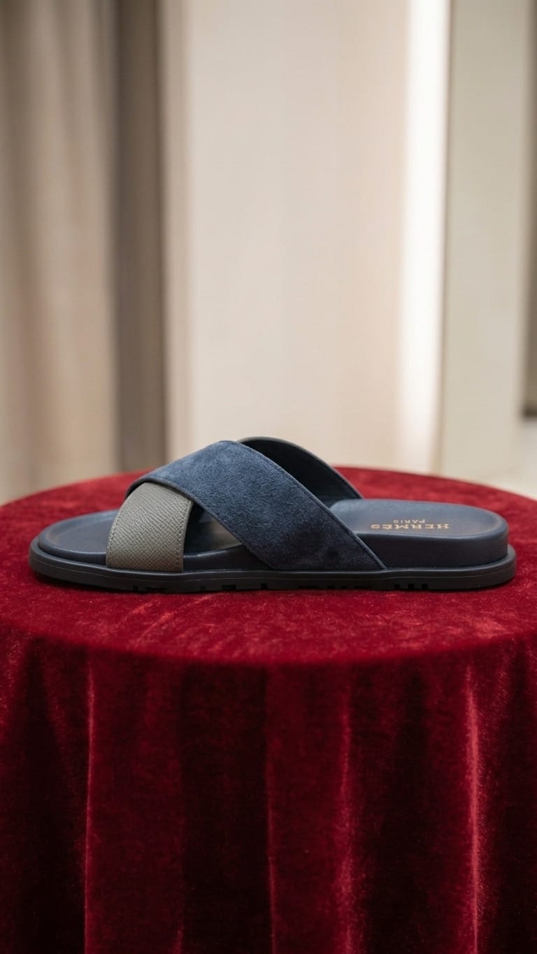 Navy & Tan Two-Tone Cross-Band Leather Slide Sandal – Men's Premium Slip-On