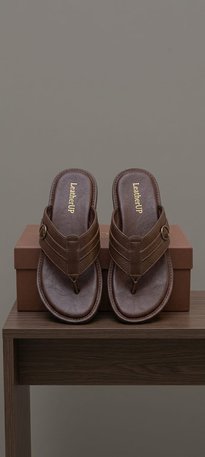 Dark chocolate leather T-bar flip sandal single shoe side profile on brown shoebox showing chunky stacked sole and O-ring buckle detail