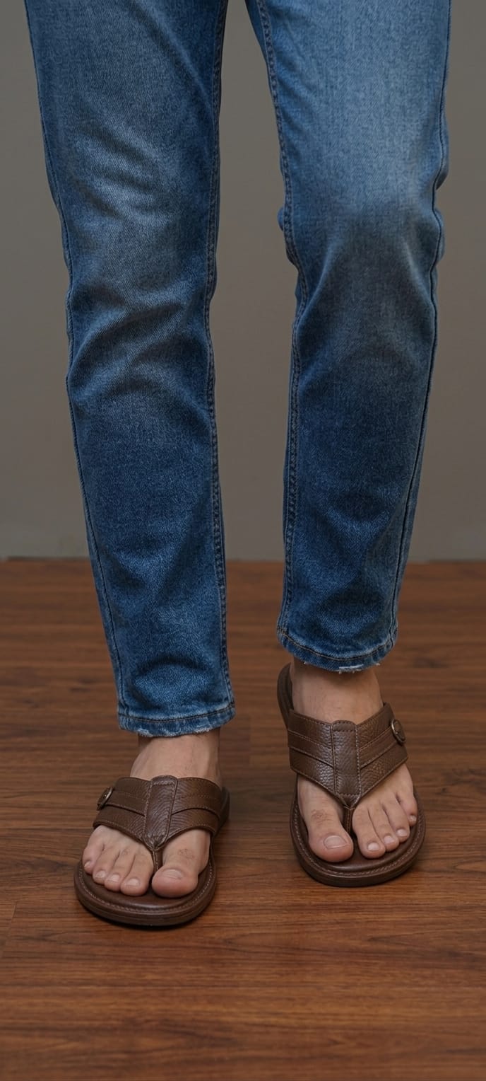 Dark chocolate leather T-bar flip sandal pair top-down on wooden shelf with brown shoebox neutral grey background showing triple-stitch vamp and O-ring buckle