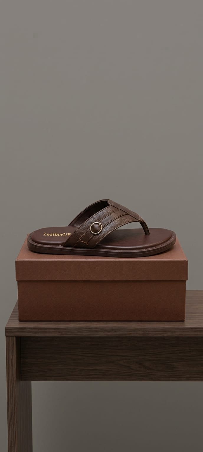 Dark chocolate leather T-bar flip sandal worn with dark blue slim jeans on warm wood floor lifestyle close-up shot showing stacked sole