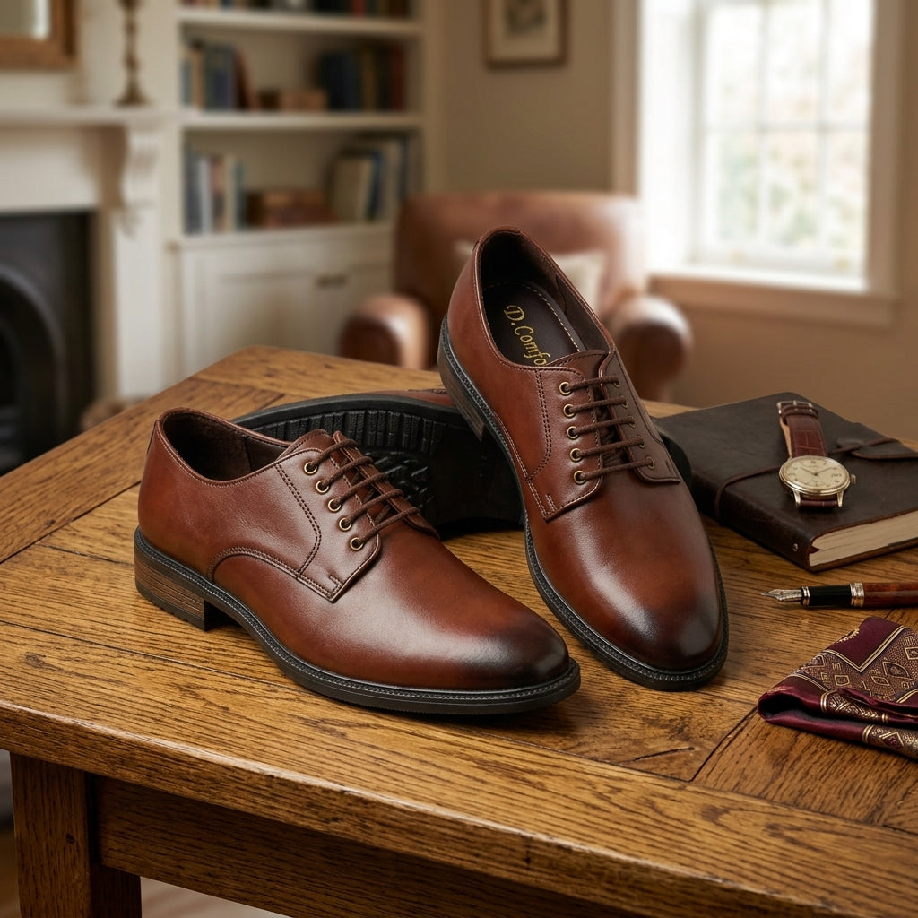 Brown leather plain-toe derby dress shoe pair on wooden desk lifestyle shot with watch and journal