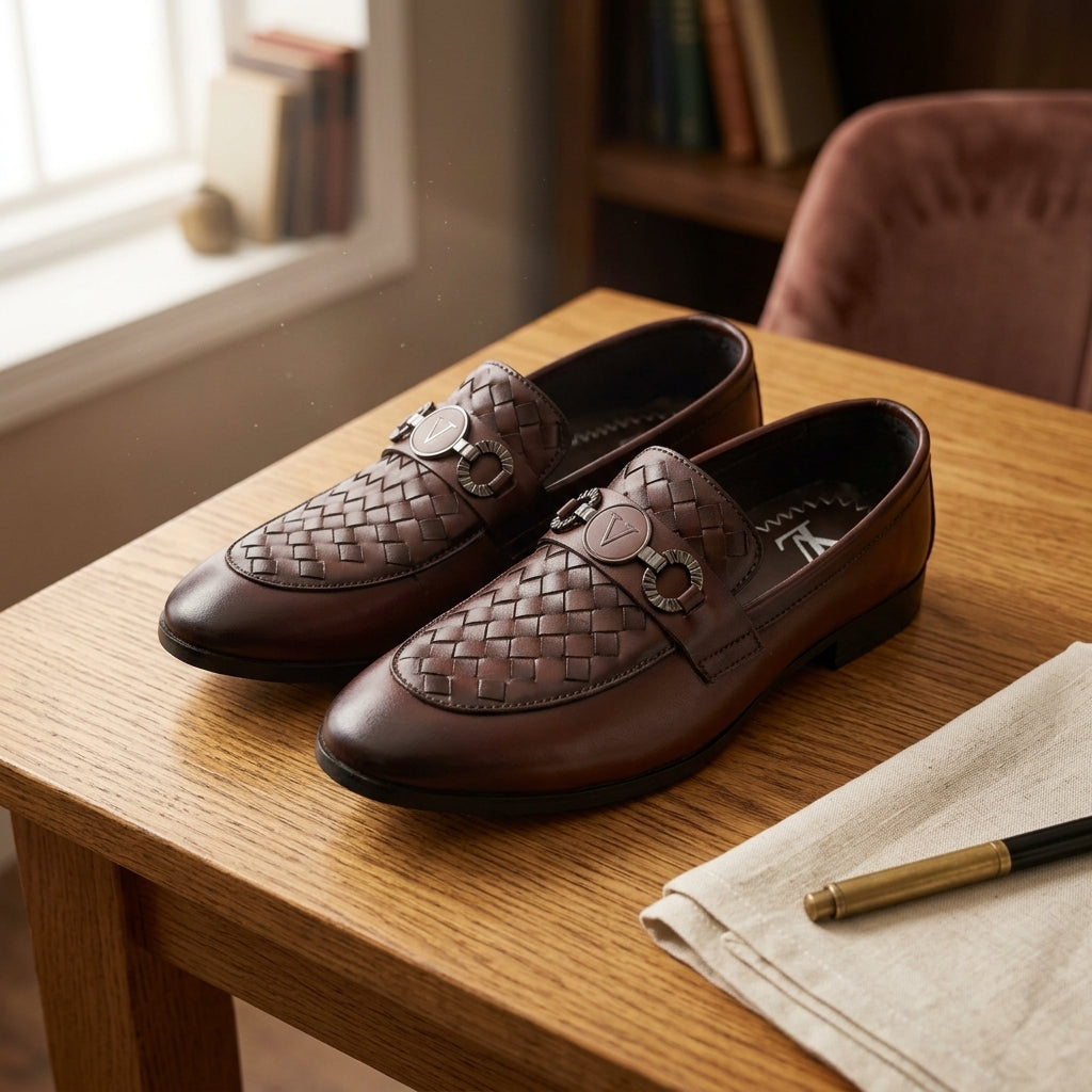 Dark brown woven leather V-medallion loafer worn outdoors on cobblestone with grey chinos