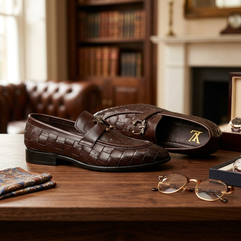 Dark brown woven leather bee-charm loafer worn with rolled dark jeans indoors