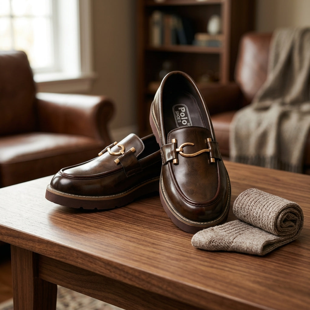 Dark brown burnished leather chunky-sole horsebit loafer on wooden table lifestyle shot with rolled socks