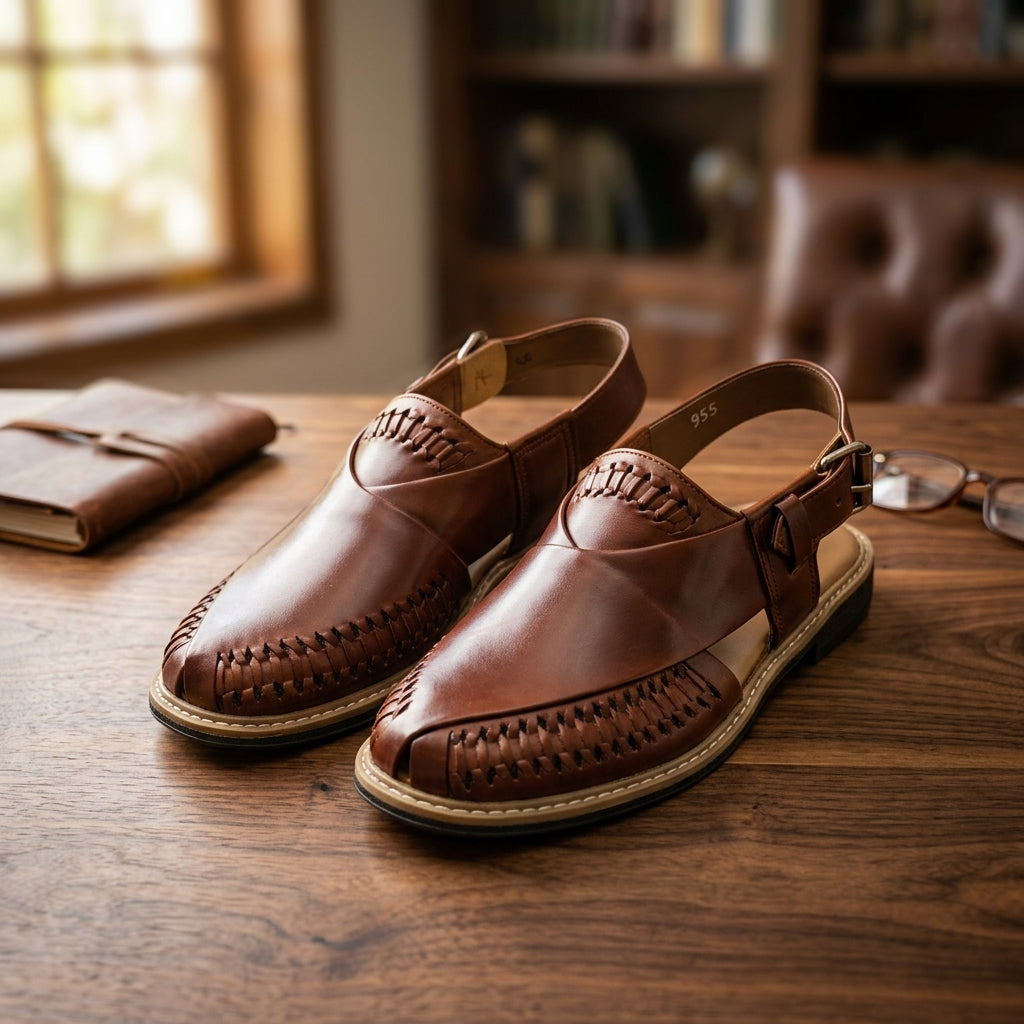 Brown leather Peshawari woven slingback sandal pair on wooden desk lifestyle shot with journal and glasses