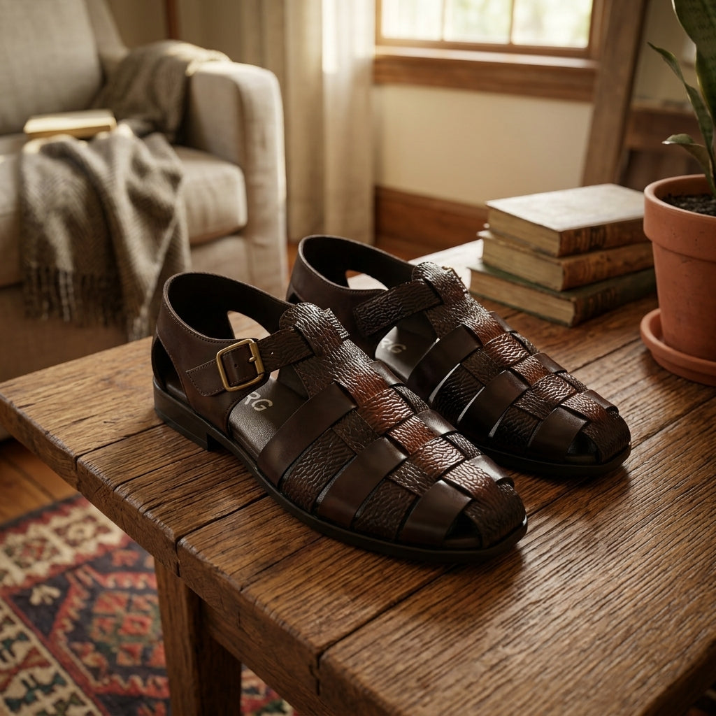 Dark brown woven leather fisherman slingback sandal pair on rustic wooden table lifestyle shot with books and plant
